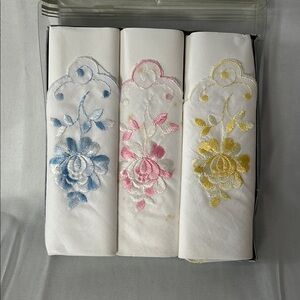 Elegant Floral Embroidered Handkerchief Set - Blue, Pink, Yellow